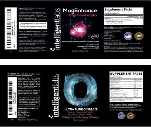 Vista 9 de Intelligent Labs Paquete 2 en 1 de complejo de magnesio MagEnhance (Magteína L-treonato, glicinato y taurato) y suplemento de cápsulas blandas