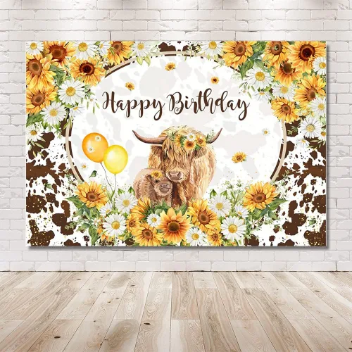 Vista 6 de MEHOFOND Fondo floral de cumpleaños de vacas de las tierras altas de 7 x 5 pies, ganado marrón, decoración de fiesta de feliz cumpleaños, girasoles