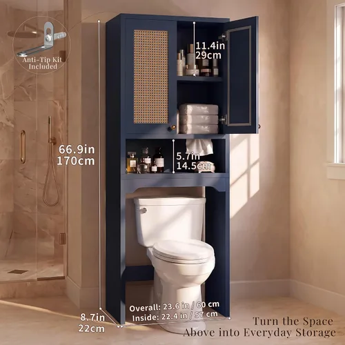 Vista 2 de Over the Toilet Storage Cabinet with Rattan Door & Adjustable Shelf, Blue