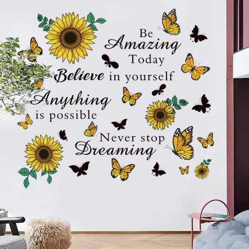 Vista 5 de Calcomanías de pared con cita inspiradora de girasol, refranes positivos extraíbles para aula, hogar, dormitorio, oficina, decoración artística