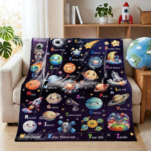 Vista 14 de Manta de planetas, regalo espacial para niños y niñas, amantes de 40 x 50 pulgadas, manta de franela suave con patrón de planetas y sol, manta