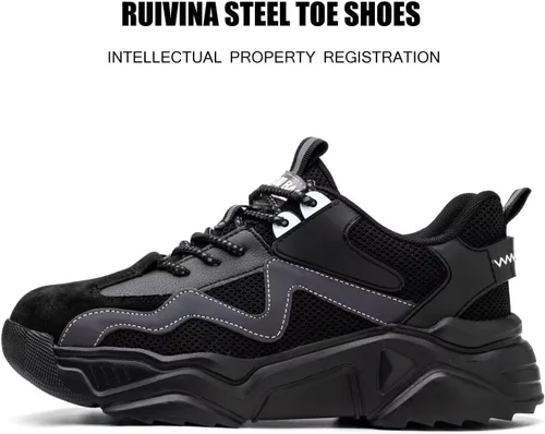 Vista 2 de Zapatos de punta de acero para mujeres y hombres, zapatos de seguridad de trabajo de ajuste ancho, ligeros, antideslizantes, cómodos, compuestos