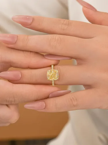 Vista 18 de Anillo de compromiso de corte cojín de 4 quilates para mujer, piedra blanca/amarilla grado 5A, circonita cúbica S925, plata, amarillo/blanco/oro rosa