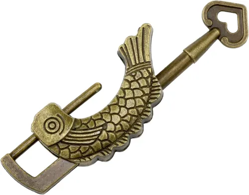 Vista 2 de Candado retro en forma de pez con forma de pez de bronce, cerradura vintage con patrón de pescado con llave para joyero, maleta de madera, cajones