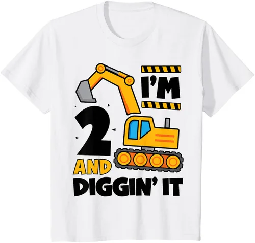 Vista 5 de Kids 2 Two and Digging It 2nd Birthday Boy Construction Excavator T-Shirt, Gris Gris Oscuro