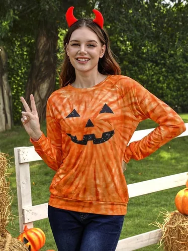 Vista 2 de For G and PL Sudadera de Halloween de manga larga con cuello redondo y calabaza para mujer