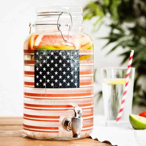 Vista 3 de Dispensador de bebidas de vidrio de 1 galón con espita – Dispensador de bebidas con bandera estadounidense del 250 aniversario, a prueba de fugas
