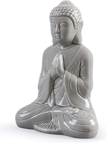 Vista 3 de Figura de Buda rezando de cerámica, estatua mediana serena (11 pulgadas de alto, gris)