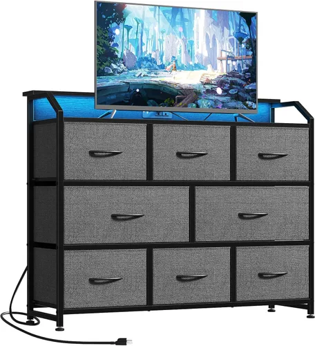 Vista 14 de DUMOS - Cómoda para TV con 8 cajones de tela, cómoda, color negro APP Control LED Lights and Type-C Charging Station, Fabric Storage Tower TV