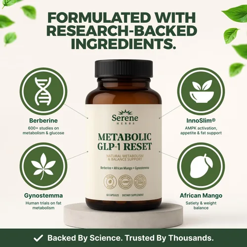 Vista 6 de Serene Herbs Suplemento GLP-1 para Mujeres y Hombres - Reinicio Metabólico, Apoyo para el Hambre con Berberina, InnoSlim, Actiponin - Potenciador