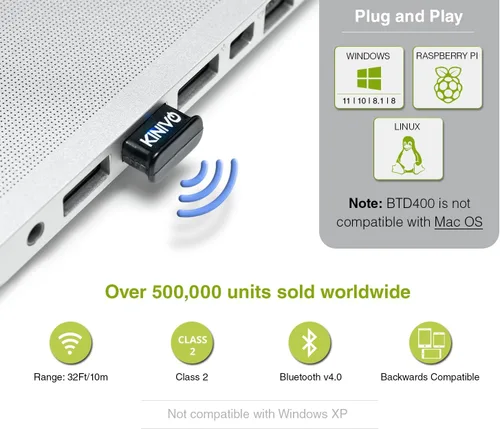 Vista 3 de Adaptador USB Bluetooth Kinivo para PC BTD400 (dongle receptor Bluetooth 4.0, baja energía) - Compatible con Windows 11/10/8.1/8, Raspberry Pi