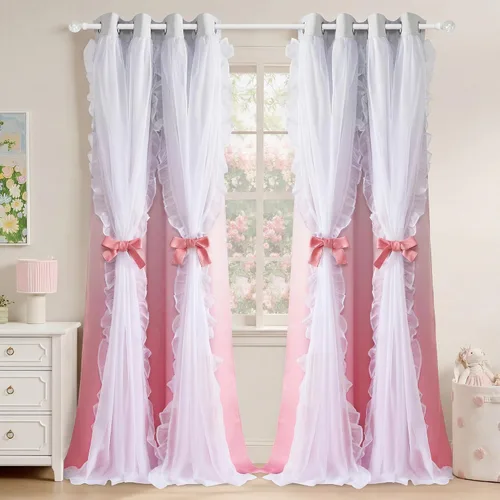 Vista 23 de PONY DANCE Cortinas con Volantes de Doble Capa con Superposición Transparente, Decoración Elegante para Ventanas de Diseño Rústico Francés de Campo