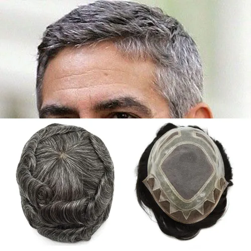 Vista 18 de Sistema de reemplazo de cabello humano para hombre, sistema de cabello fino mono para hombre, pelo de tupé recubierto de poliuretano para hombres