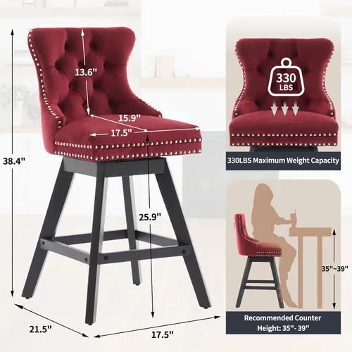 Vista 3 de cinkehome Juego de 2 taburetes de bar giratorios de altura de mostrador, taburetes de bar tapizados de terciopelo con respaldo, sillas de bar