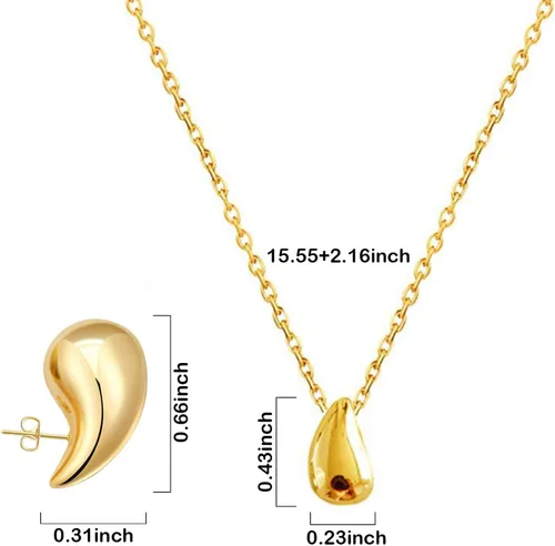 Vista 4 de Juego de aretes de aro y collares gruesos de oro para mujeres y niñas, aros abiertos ligeros con forma de gota de agua, aretes chapados en oro