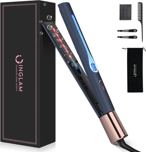 Vista 12 de IG INGLAM Plancha lisa para el cabello de titanio, rizador de pelo infrarrojo de 1 pulgada, plancha alisadora iónica negativa de voltaje dual con 11