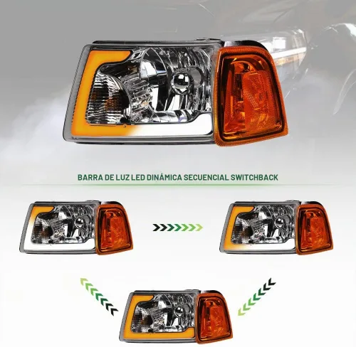 Vista 7 de Switchback - Barra de tubo LED secuencial con carcasa cromada, faros delanteros de cristal con lámparas de esquina de señal, reflector ámbar, 4