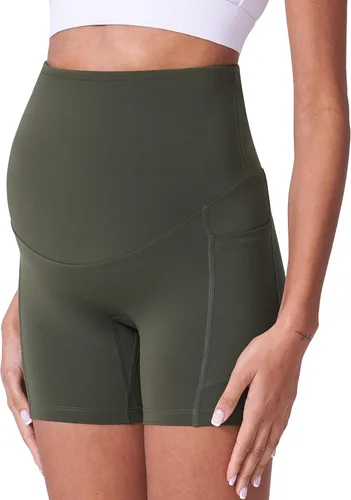 Vista 4 de POSHDIVAH Paquete de 3 pantalones cortos de maternidad sobre el vientre, cómodos para embarazo, yoga, entrenamiento activo, pantalones cortos