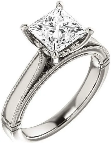Vista 3 de Juego de novia con soltario de catedral con detalle de voluta, talla princesa 3.05 quilates, diamante moissanita incoloro, anillo de plata de ley