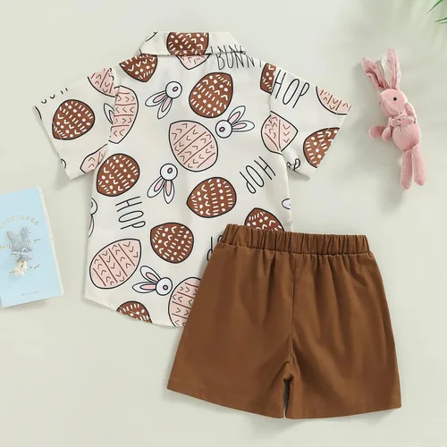 Vista 7 de Conjunto de 2 piezas de camiseta de manga corta con botones y pantalones cortos sólidos para bebé niño