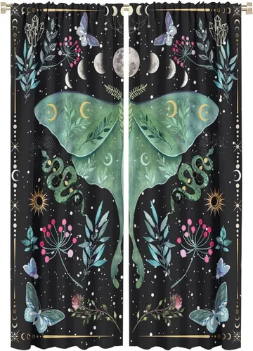 Vista 46 de Cortinas de mariposa de fantasía, polilla, sol, luna, estrella, arte floral, estampado floral, bolsillo para barra, cortinas opacas para ventana