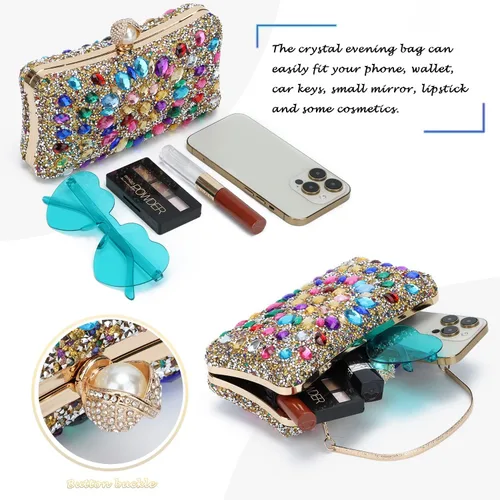 Vista 4 de Lanpet Bolso de noche con diamantes de imitación de cristal multicolor para mujer, bolso de hombro con correa de cadena