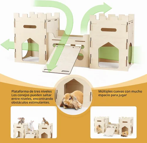 Vista 6 de HIIMALEX Extra Grande Casa de Castillo de Conejo de Madera Multipiso Torre de Escalada Escondite Ventilado Hábitat Resistente para Conejo, Cobaya