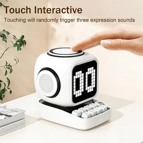 Vista 3 de Altavoz Bluetooth con pantalla LED clásica de 11 x 11 píxeles, altavoces de escritorio compatibles con carga inalámbrica para iPhone