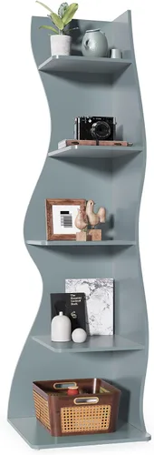 Vista 11 de LITTLE TREE Estantería de esquina pequeña, estantería moderna de esquina de pared de 5 niveles para libros, elegante librero estante