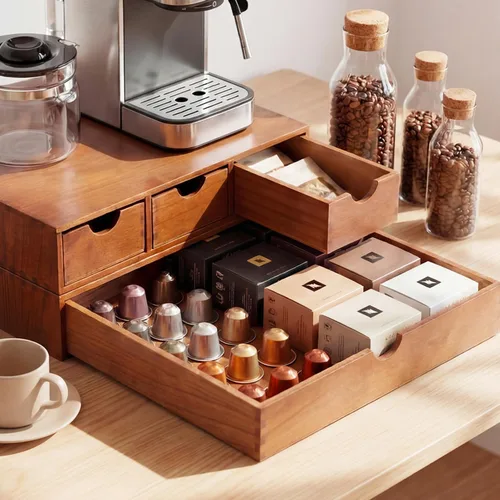 Vista 9 de Caja de té de café con cajón de madera para cápsulas, cuádruple, Negro