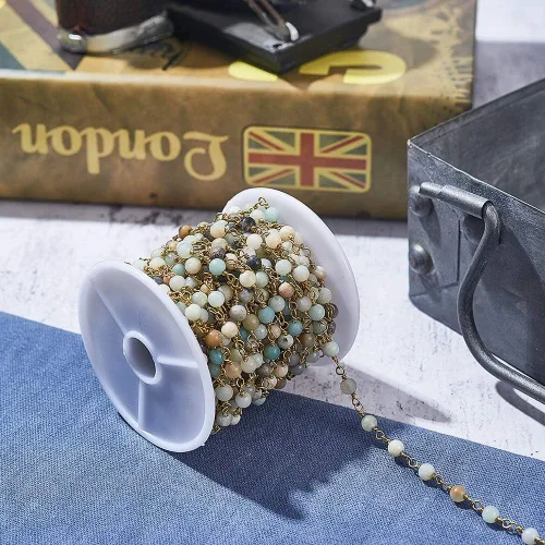 Vista 4 de Cadena de cuentas de tubo pequeño Abucas con chip de piedras preciosas, 0.157 in Amazonite_32.8 ft