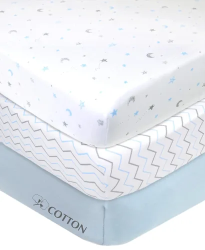 Vista 2 de American Baby Company - Sábana bajera ajustable de tejido de punto suave y transpirable 100% algodón, sábanas de practicuna, Estrella azul/Zigzag