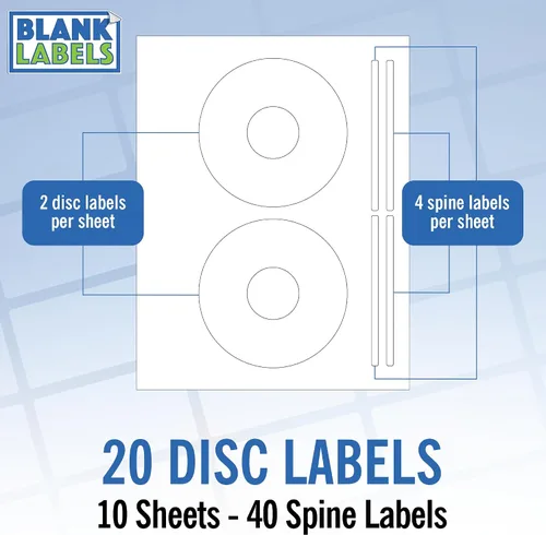 Vista 14 de Etiqueta imprimible para CD/DVD Compatible con discos estándar Cantidad de 20 discos, 40 lomo 10 hojas en total Blanco mate permanente
