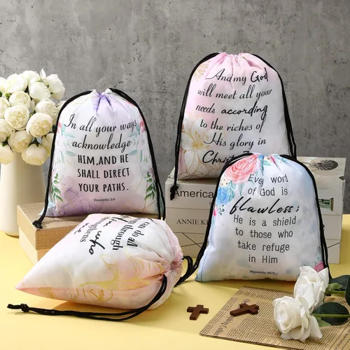 Vista 4 de Hosuly 24 mochilas religiosas de versículos bíblicos con cordón para sorteo cristiano, bolsa de regalo religiosa a granel, bolsa pequeña
