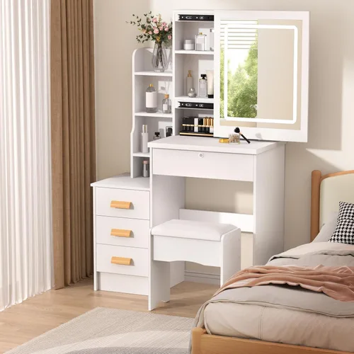 Vista 4 de Escritorio de tocador de maquillaje con espejo y luces, mesa de tocador con 4 cajones, 7 estantes y espacio extra oculto, tocador compacto