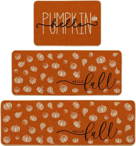 Vista 7 de Artoid Mode Juego de 3 tapetes de cocina naranja con texto en inglés "Hello Pumpkin", decoración otoñal para el hogar, alfombras de cocina de bajo