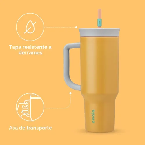 Vista 3 de Owala Vaso de viaje aislado de acero inoxidable de triple capa con tapa resistente a derrames, popote y asa de transporte, sin BPA, 40 onzas