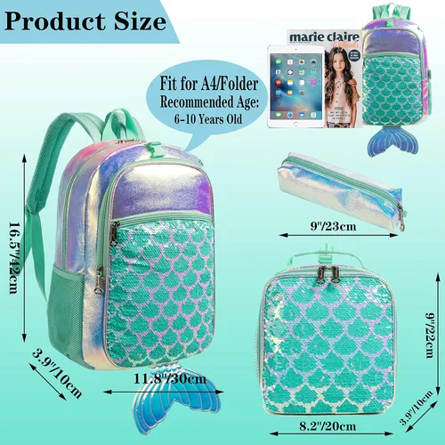 Vista 2 de Meetbelify Mochila con ruedas para niñas de 6 a 8 años, Mochila con ruedas de sirena de 3 piezas, Mochila