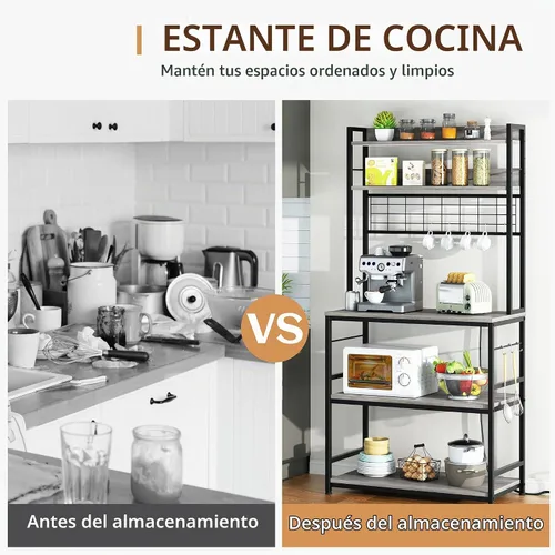 Vista 5 de Shintenchi Estante de panadero con toma de corriente, gran espacio de almacenamiento, 10 ganchos, barra de café con panel de alambre metálico Gris