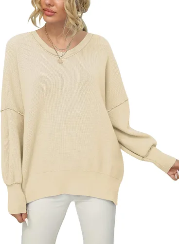 Vista 3 de ANRABESS Suéter de punto acanalado de manga larga con cuello en V y abertura lateral para mujer