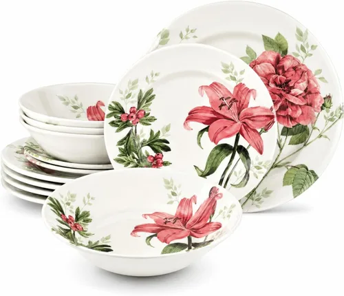 Vista 26 de Tudor Royal - Juego de vajilla redonda de porcelana de 12 piezas, servicio para 4, diseño botánico, flores de verano, platos, cuencos, brillante