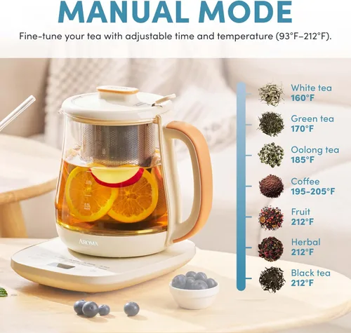 Vista 5 de AROMA® Hervidor de té eléctrico de vidrio de infusión profesional con control de temperatura y 10 modos preestablecidos (6 tazas, 1.5 litros)