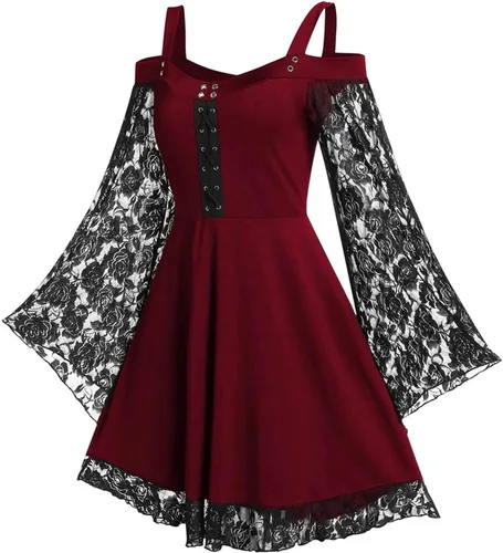 Vista 4 de Vestido gótico sexy para mujer, con hombros descubiertos, manga de mariposa, encaje, vestido de Halloween, vestido de esqueleto, S-5XL