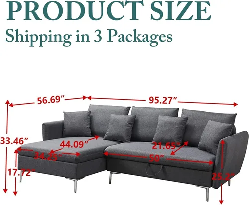 Vista 2 de Sofá modular reversible con cama extraíble, sofá modular en forma de L con patas de metal y 4 almohadas lumbares, juegos de muebles de sofá Gris