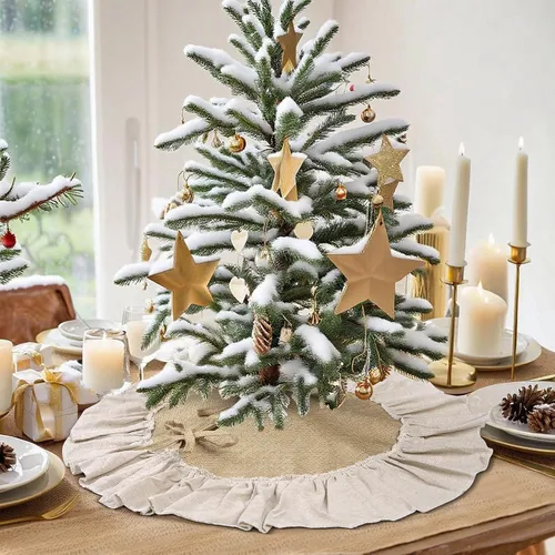 Vista 6 de Mini Falda de Arpillera para Árbol de Navidad con Borde con Volantes, Decoraciones para Árbol de Navidad Pequeño de 24 Pulgadas Ornamentos para Mesa