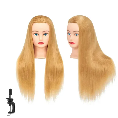 Vista 10 de Cabeza de maniquí 26-28" Cabeza de maniqui de fibra sintética Yaki para peluquería, modelo de entrenamiento de cosmetología, cabeza de muñeca