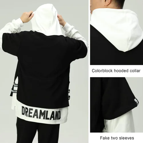 Vista 4 de Covisoty Sudadera con capucha para hombre, con estampado de letras, ropa deportiva, sudadera de manga larga con retazos