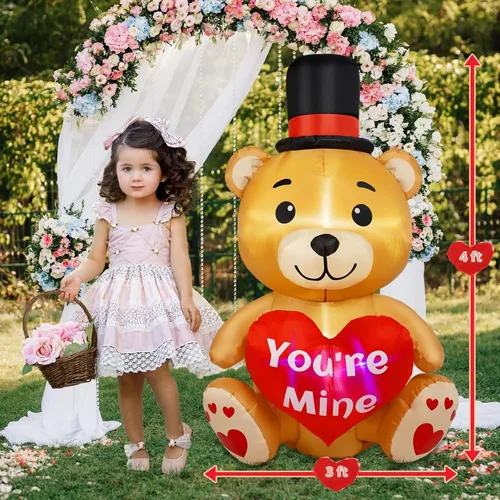 Vista 3 de B&D Oso inflable para el día de San Valentín de 4 pies con corazón de amor, decoraciones de patio inflables con luces LED RGB integradas, decoración