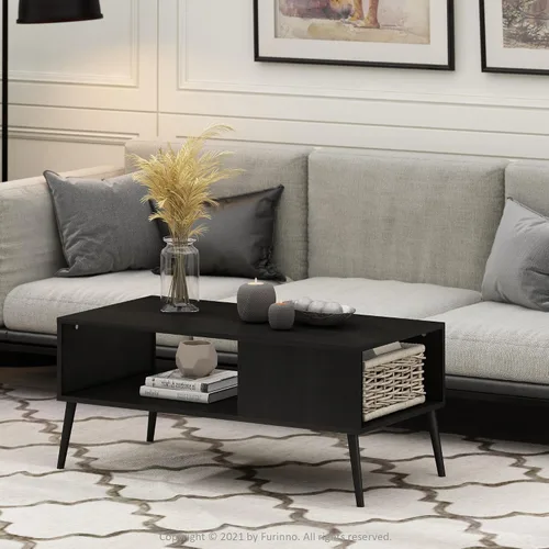 Vista 2 de Furinno Claude - Mesa de centro estilo mediados de siglo con patas de madera, color espresso grande sin elevación