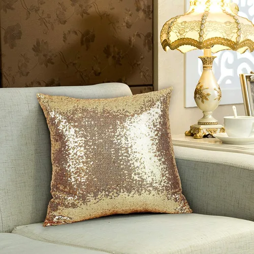 Vista 4 de 2 almohadas decorativas de lentejuelas doradas, 18 x 18 pulgadas, fundas de cojín cuadradas con lentejuelas con purpurina de tela sólida, diseño